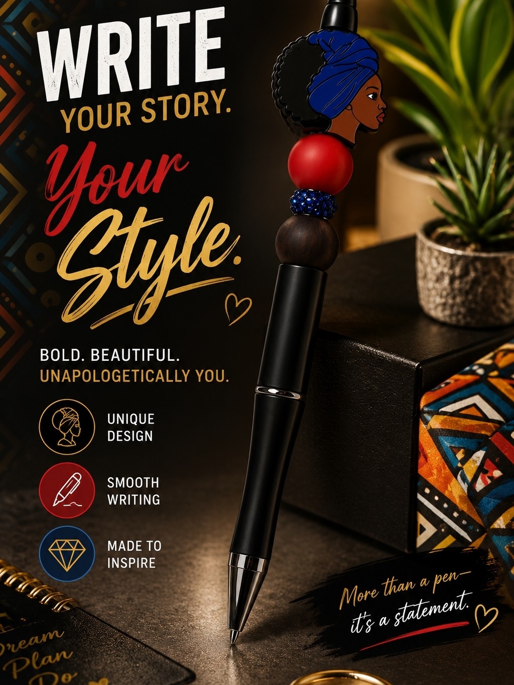 Black Ballpoint Pen with Red & Blue Accent Beads